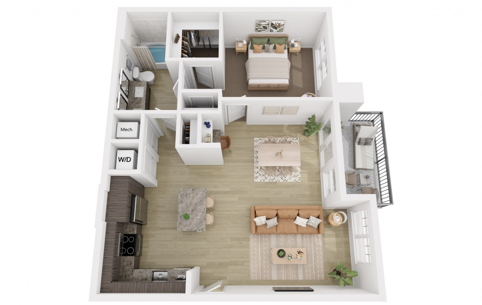 A2 - 1 bedroom floorplan layout with 1 bath and 897 square feet.