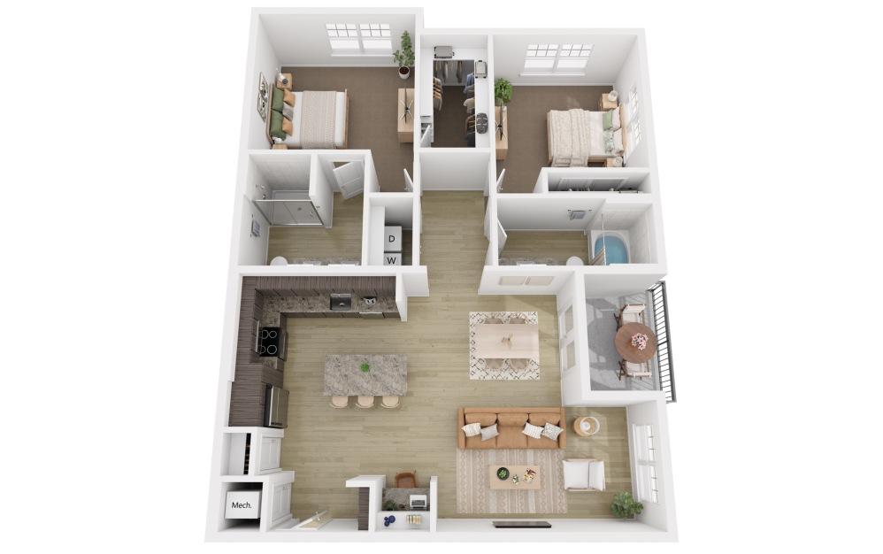 B1 - 2 bedroom floorplan layout with 2 bathrooms and 1331 square feet