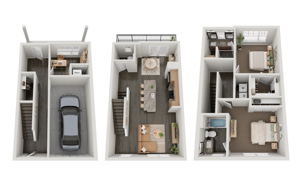 THB1 - 2 bedroom floorplan layout with 2.5 bathrooms and 1544 square feet