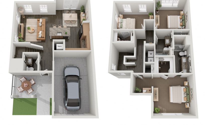 THC1 - 3 bedroom floorplan layout with 2.5 bathrooms and 1567 square feet