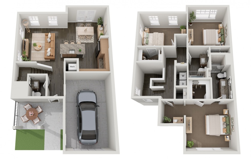THC1 - 3 bedroom floorplan layout with 2.5 baths and 1567 square feet.